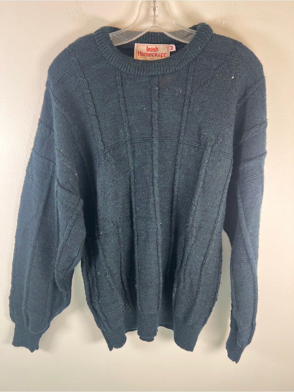 Vintage Irish Homecraft Dark Teal Cable Crewneck Wool Fisherman Sweater Medium